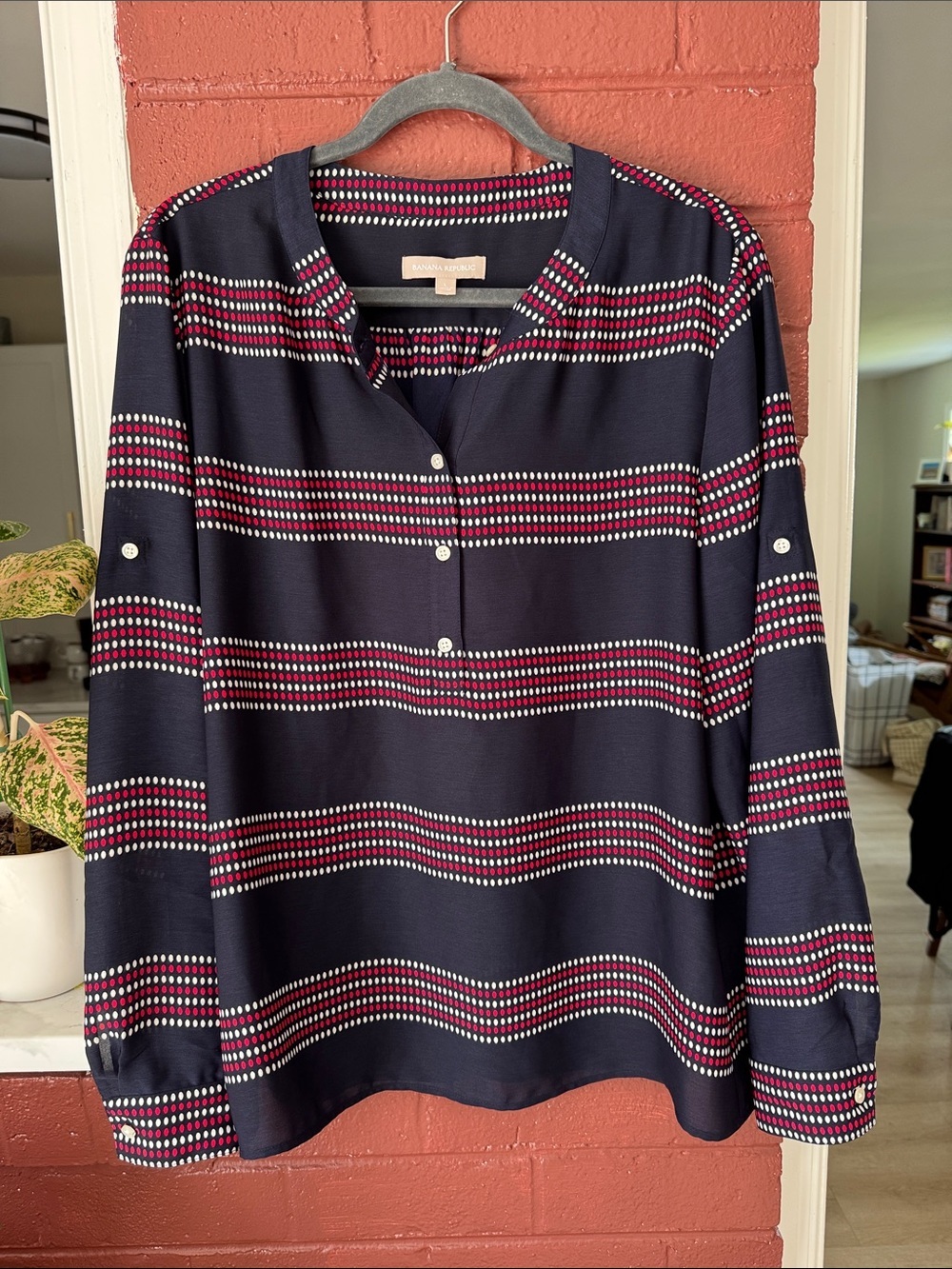 Banana Republic Navy Blouse with Red and White Dot Striped Pattern L